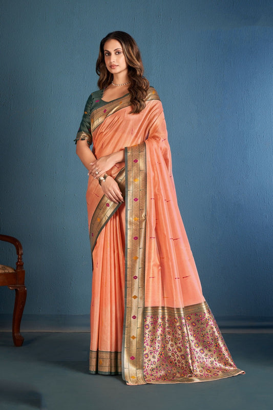 Women Peach And Green Soft Tissue Paithani Silk Saree