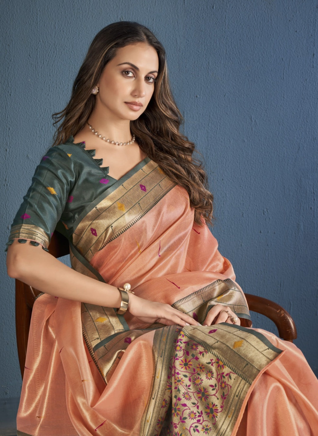 Women Peach And Green Soft Tissue Paithani Silk Saree