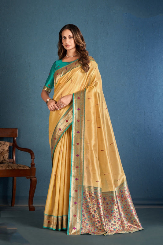 Women Peach And Teal Soft Tissue Paithani Silk Saree