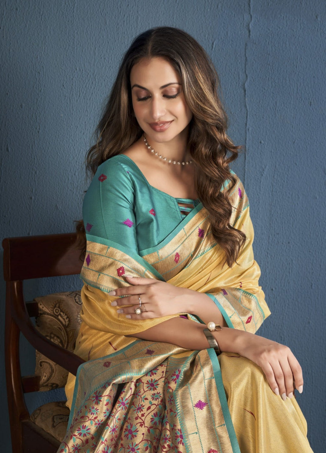 Women Peach And Teal Soft Tissue Paithani Silk Saree