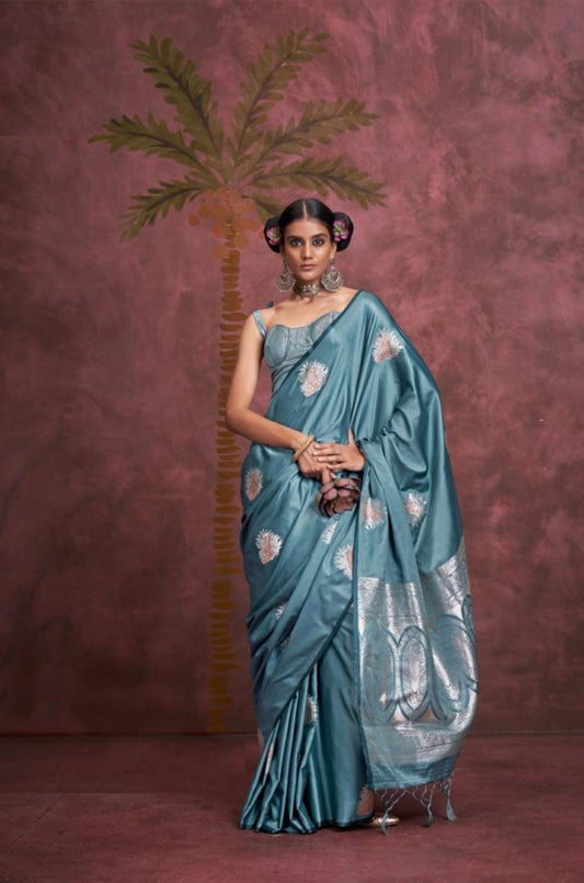 Women Blue Handloom Weaving Jari Silk Saree