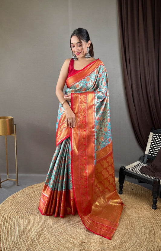 Women Blue And Red Kanjivaram Silk  Saree