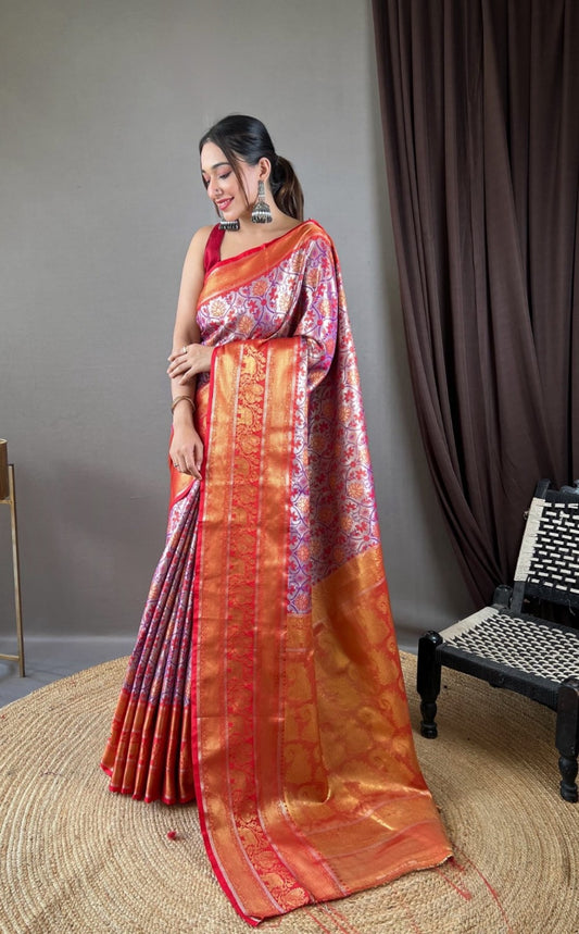 Women Purple And Red Kanjivaram Silk  Saree