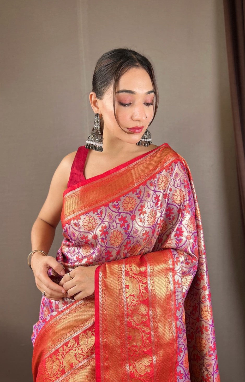 Women Purple And Red Kanjivaram Silk  Saree