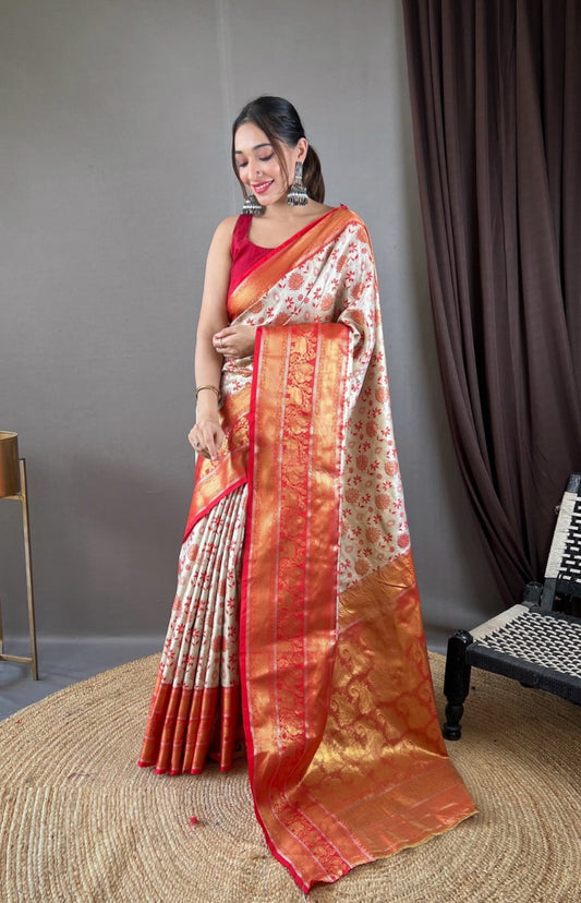 Women Sea Green And Red Kanjivaram Silk  Saree