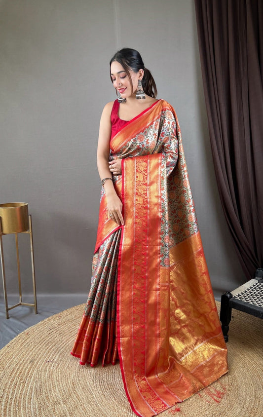 Women Green And Red Kanjivaram Silk  Saree