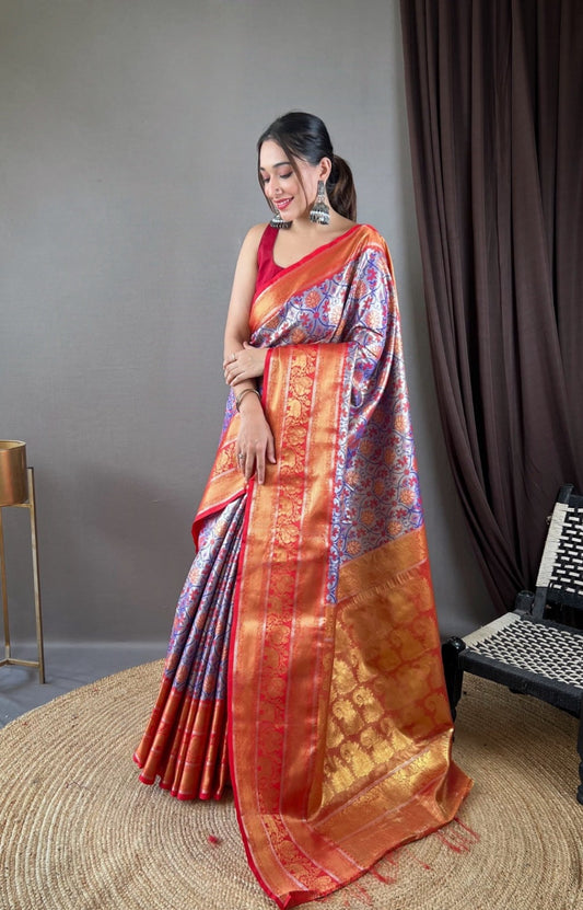 Women Violet And Red Kanjivaram Silk  Saree