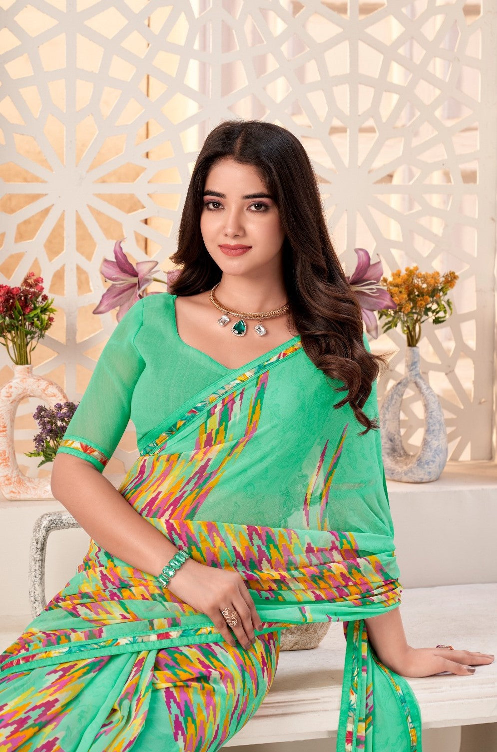 Women Sea Green Georgette Vibrant Saree