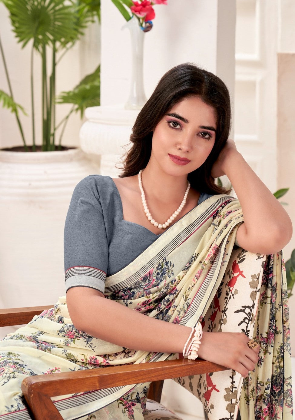 Women Off White Georgette Vibrant Saree
