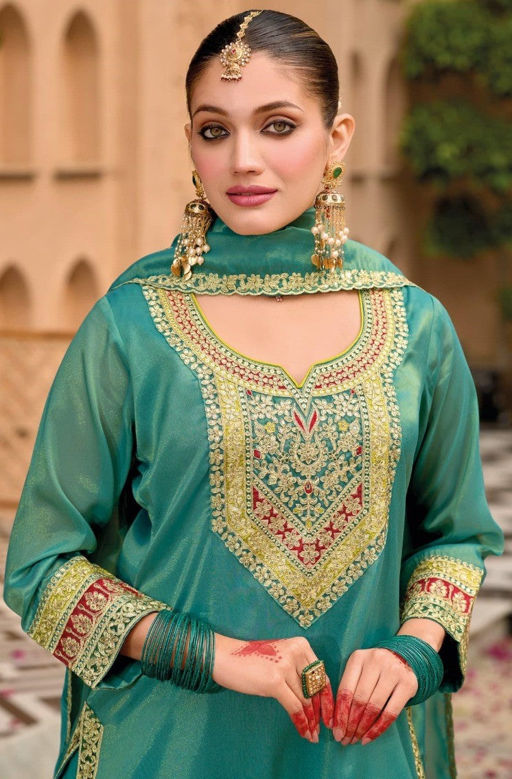 Women Rama Green Shimmer Dhoti Pant Suit Set