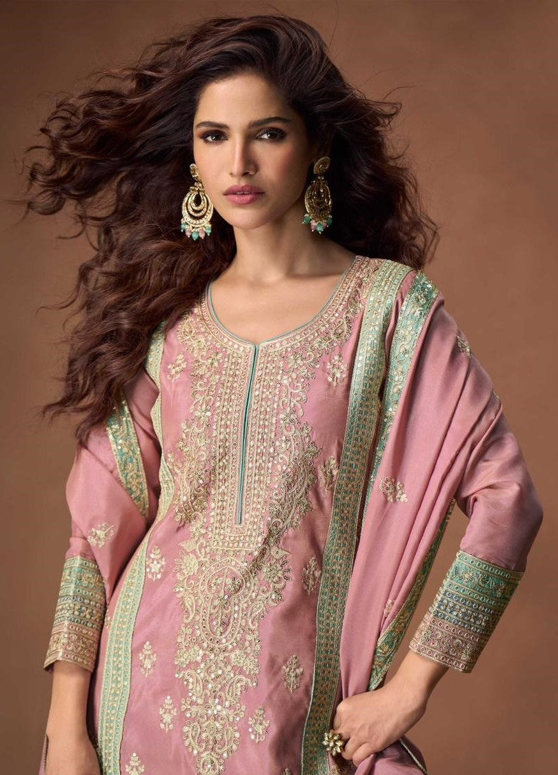 Breathtaking Light Pink Organza Shimmer Silk Palazzo Suit Set