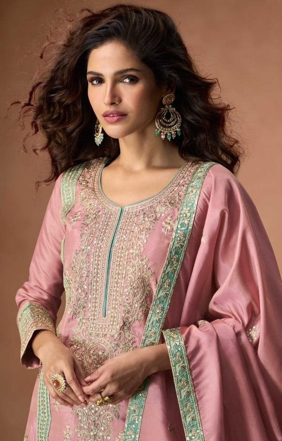 Breathtaking Light Pink Organza Shimmer Silk Palazzo Suit Set