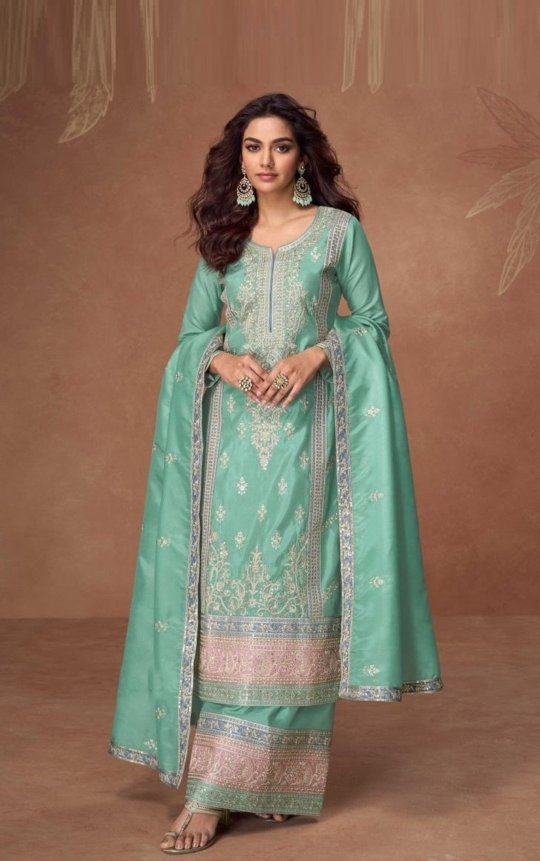 Gleaming Sky Blue Organza Shimmer Silk Palazzo Suit Set
