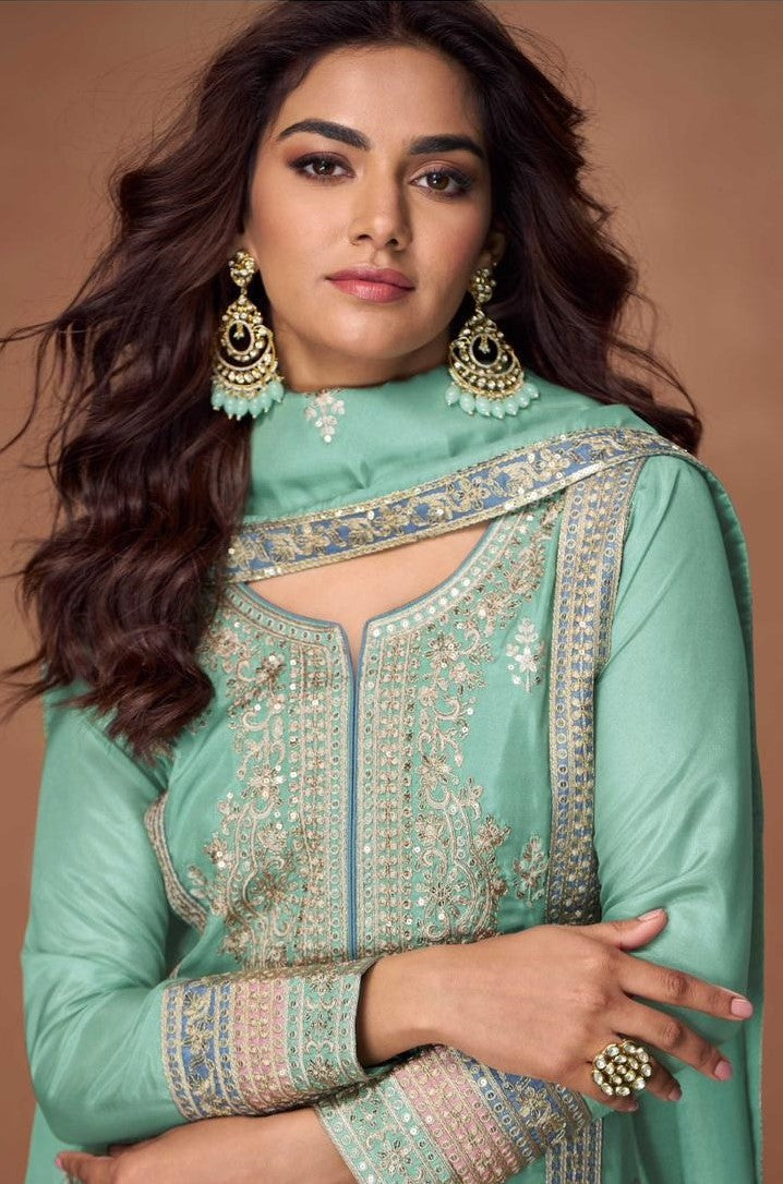 Gleaming Sky Blue Organza Shimmer Silk Palazzo Suit Set