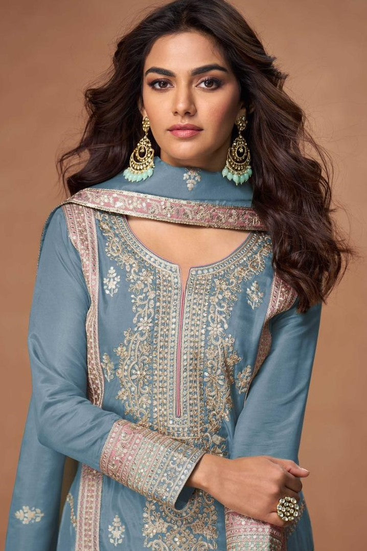 Opalescent Steel Blue Organza Shimmer Silk Palazzo Suit Set