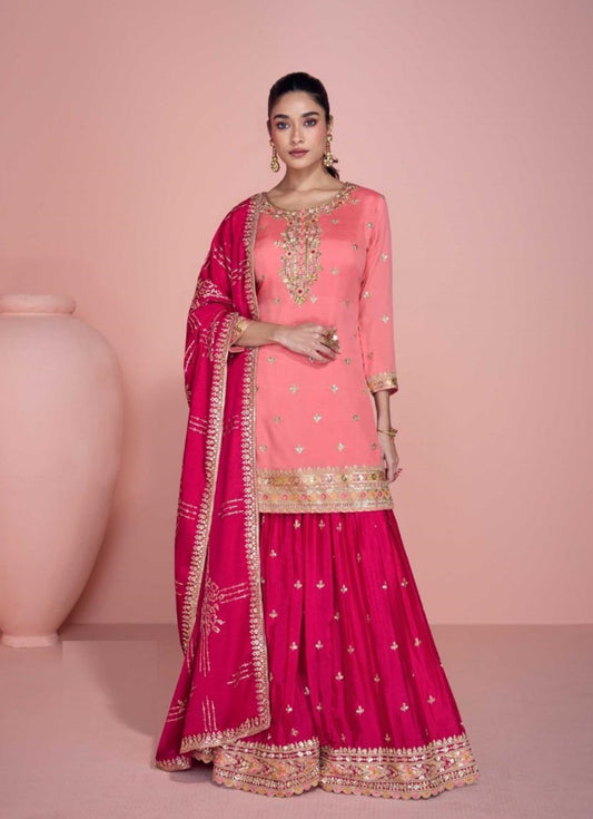 Fantastic Pink Chinon Silk Sharara-Bottom Suit Set
