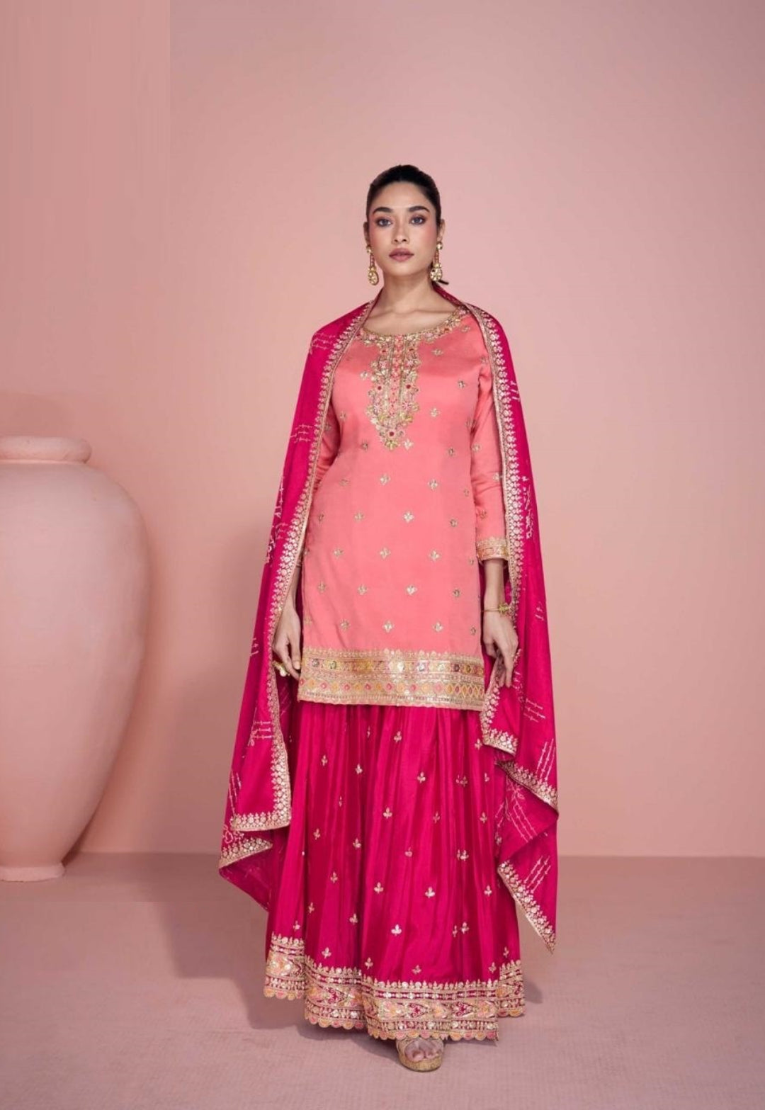 Fantastic Pink Chinon Silk Sharara-Bottom Suit Set
