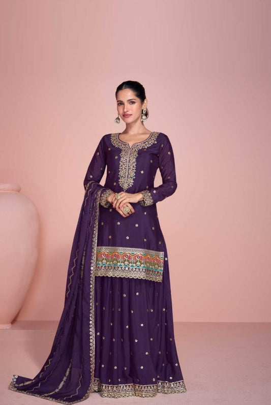 Gorgeous Dark Purple Chinon Silk Sharara-Bottom Suit Set