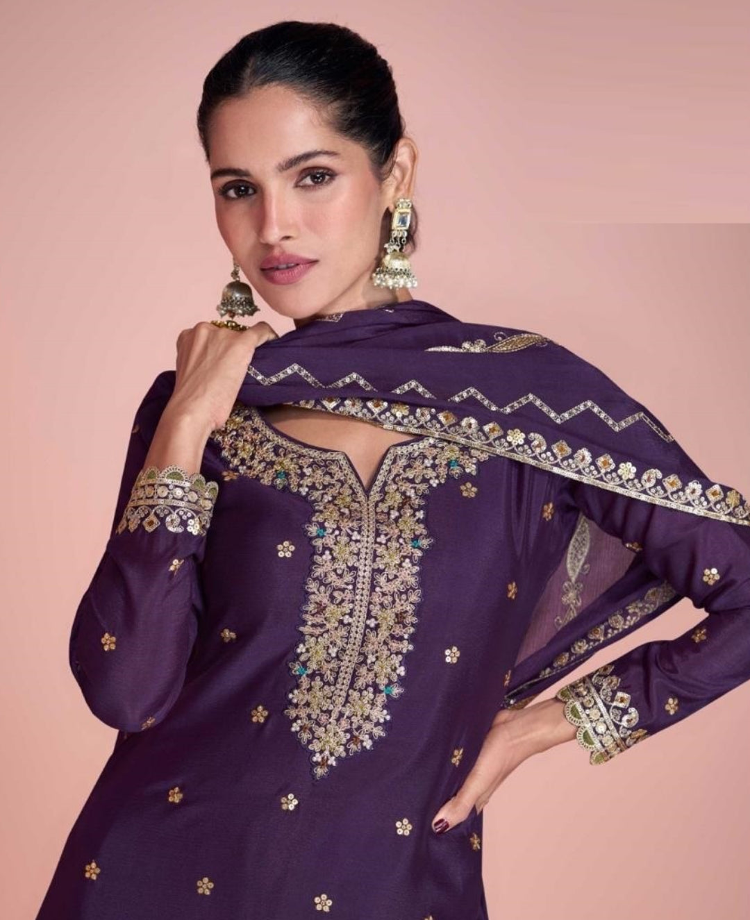 Gorgeous Dark Purple Chinon Silk Sharara-Bottom Suit Set