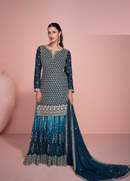 Stunnig Dark Teal Chinon Silk Sharara-Bottom Suit Set