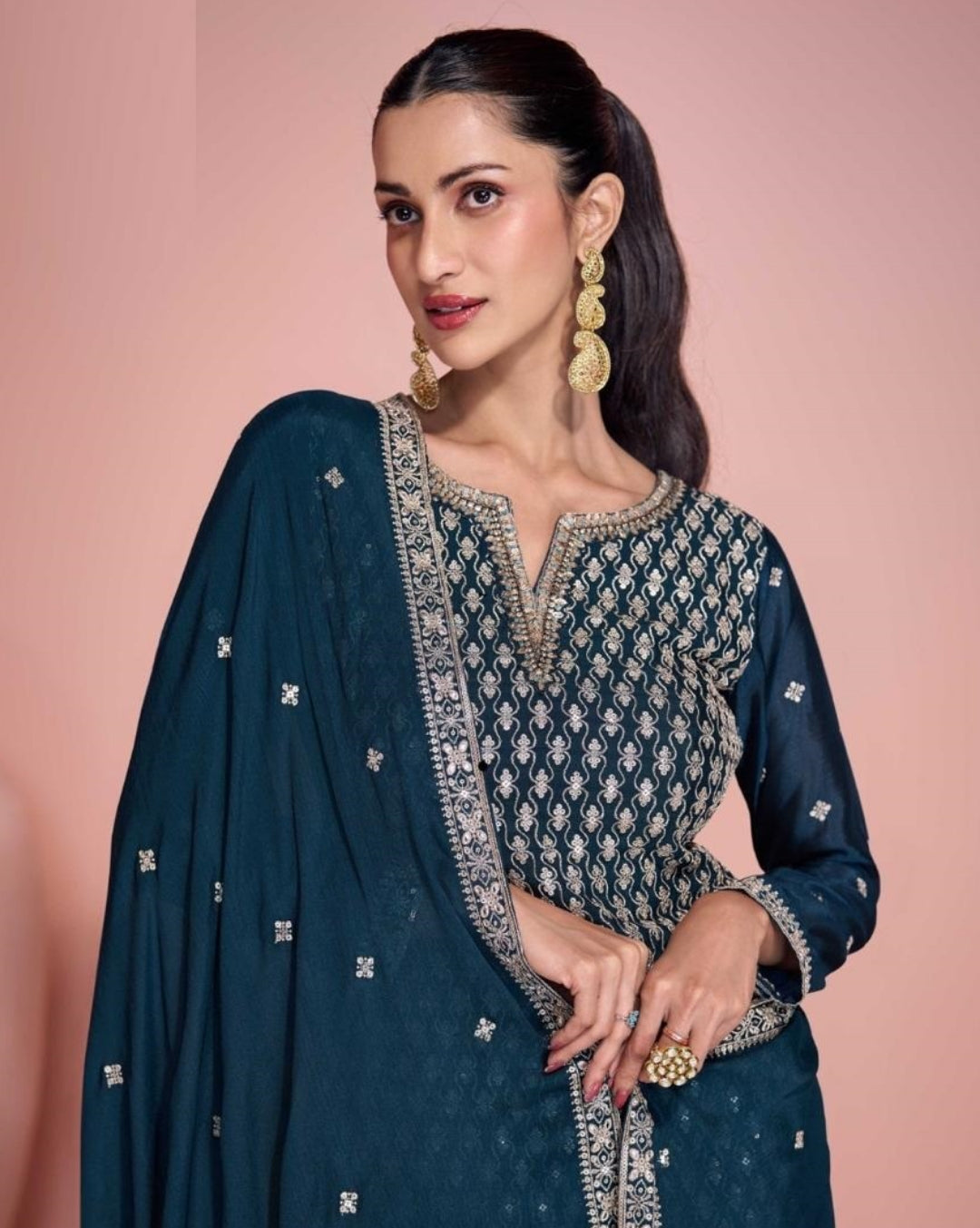 Stunnig Dark Teal Chinon Silk Sharara-Bottom Suit Set