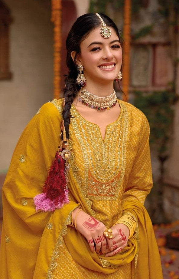 Understated Mustard Digital Print With Embroidery Work Palazzo Suit Set