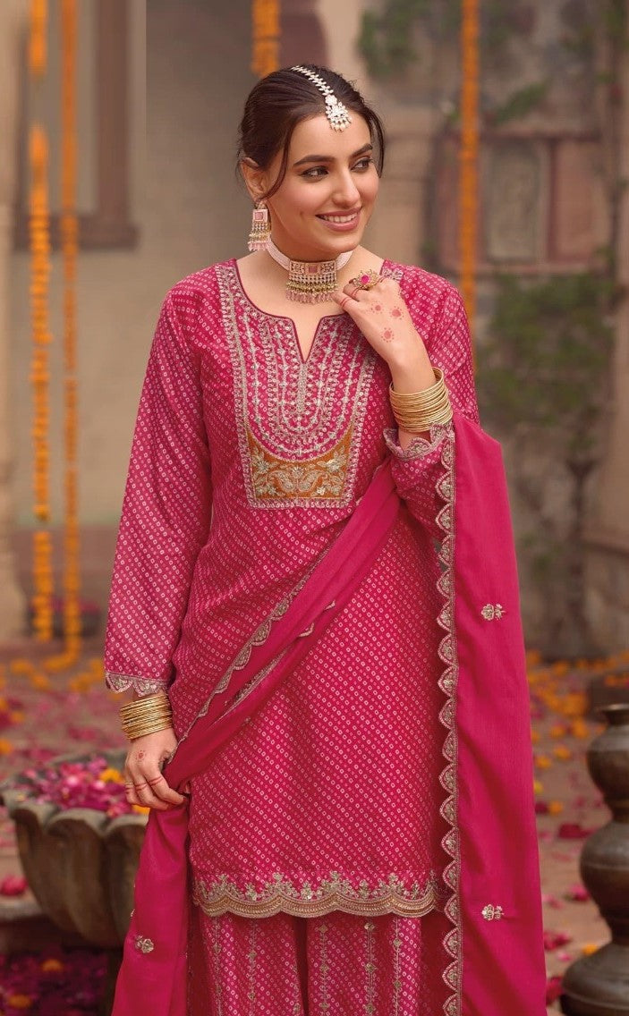 Alluring Pink Digital Print With Embroidery Work Palazzo Suit Set