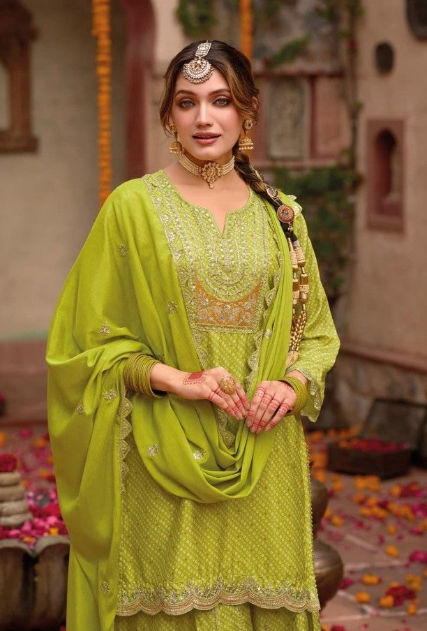 Radiant Pista Green Digital Print With Embroidery Work Palazzo Suit Set