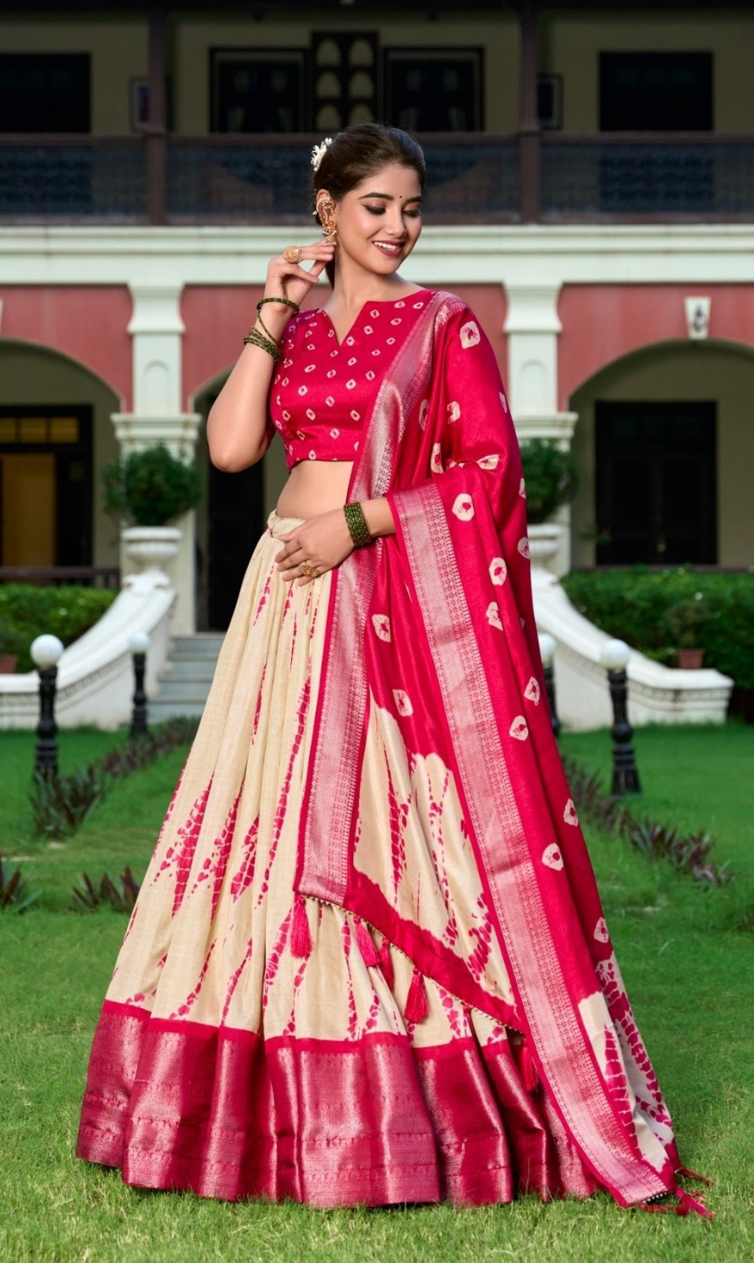 Sleek Cream And Pink Dola Silk Shibori Print With Zari Weaving Border Traditional Lehenga