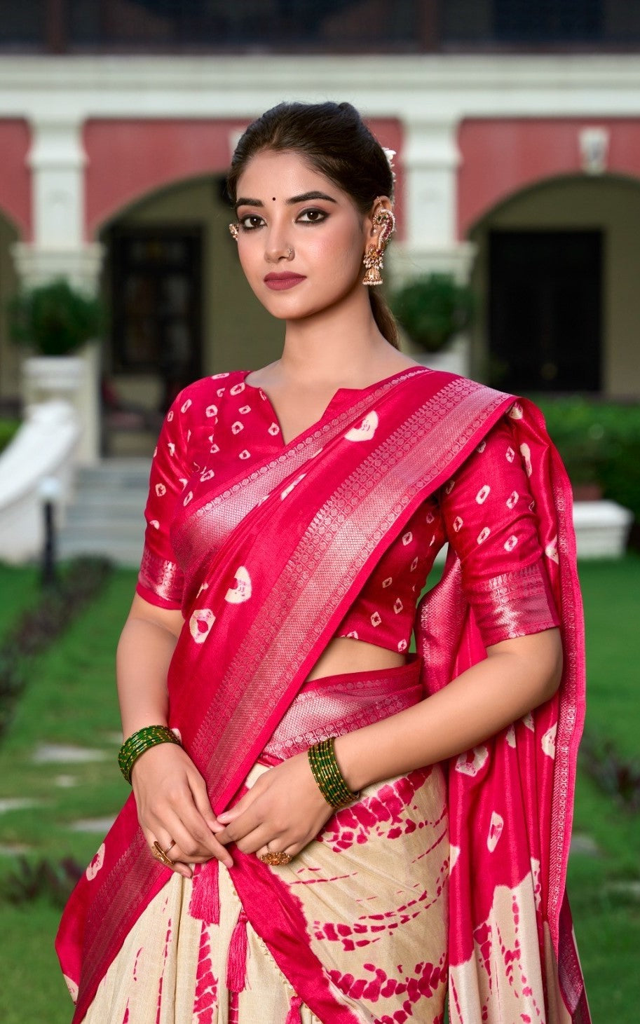 Sleek Cream And Pink Dola Silk Shibori Print With Zari Weaving Border Traditional Lehenga