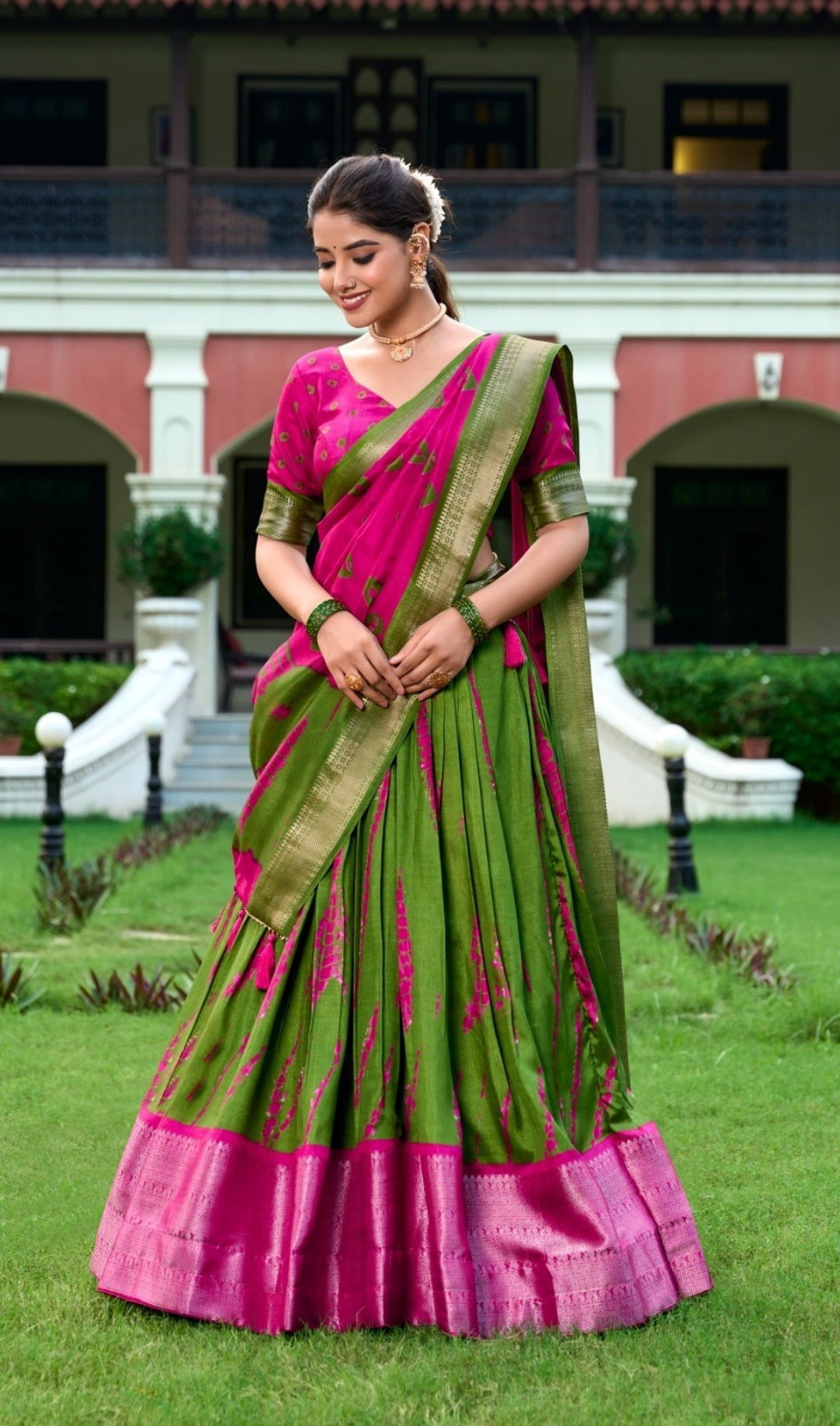 Exquisite Green And Pink Dola Silk Shibori Print With Zari Weaving Border Traditional Lehenga