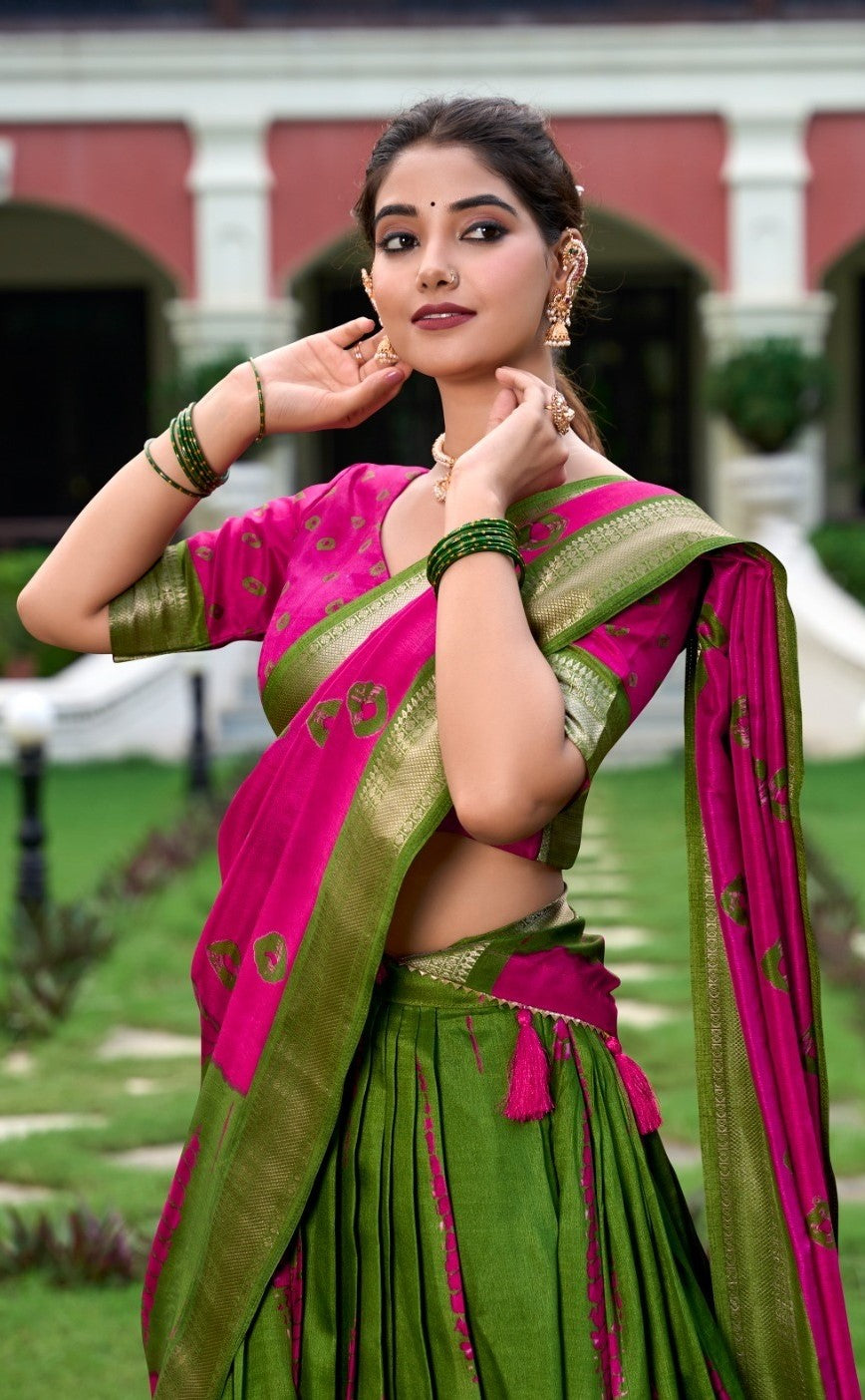 Exquisite Green And Pink Dola Silk Shibori Print With Zari Weaving Border Traditional Lehenga