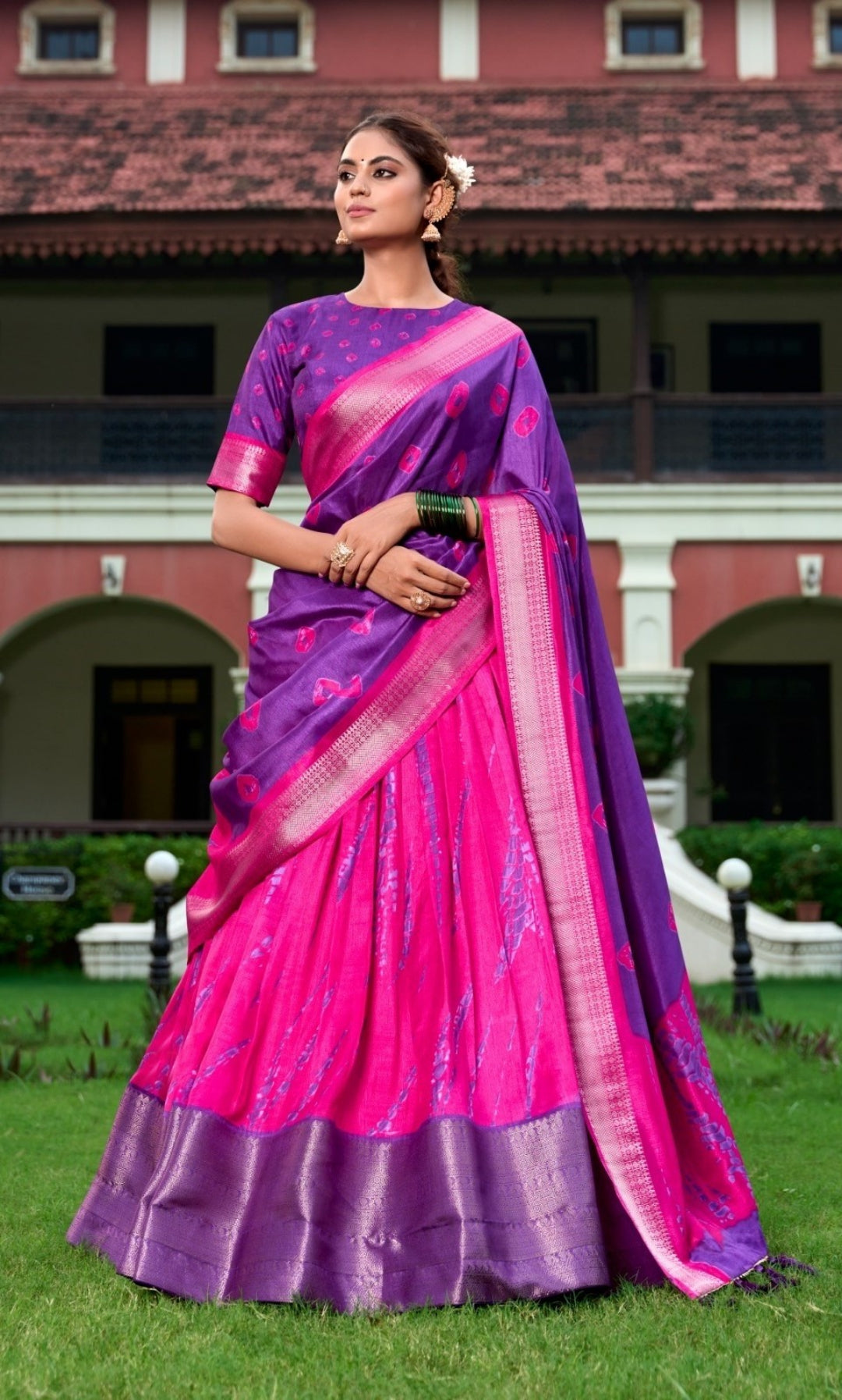 Contemporary Pink And Purple Dola Silk Shibori Print With Zari Weaving Border Traditional Lehenga