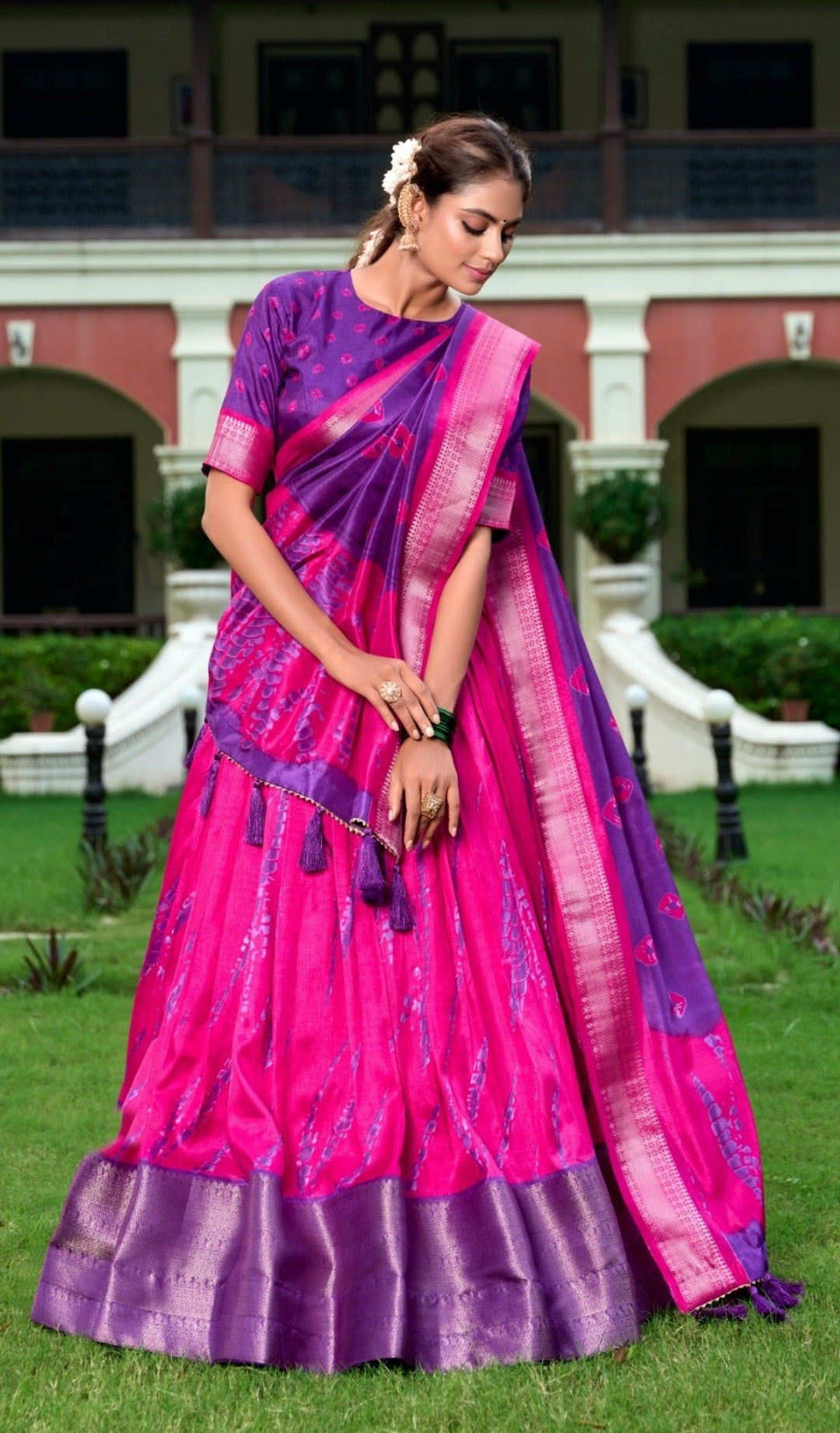 Contemporary Pink And Purple Dola Silk Shibori Print With Zari Weaving Border Traditional Lehenga