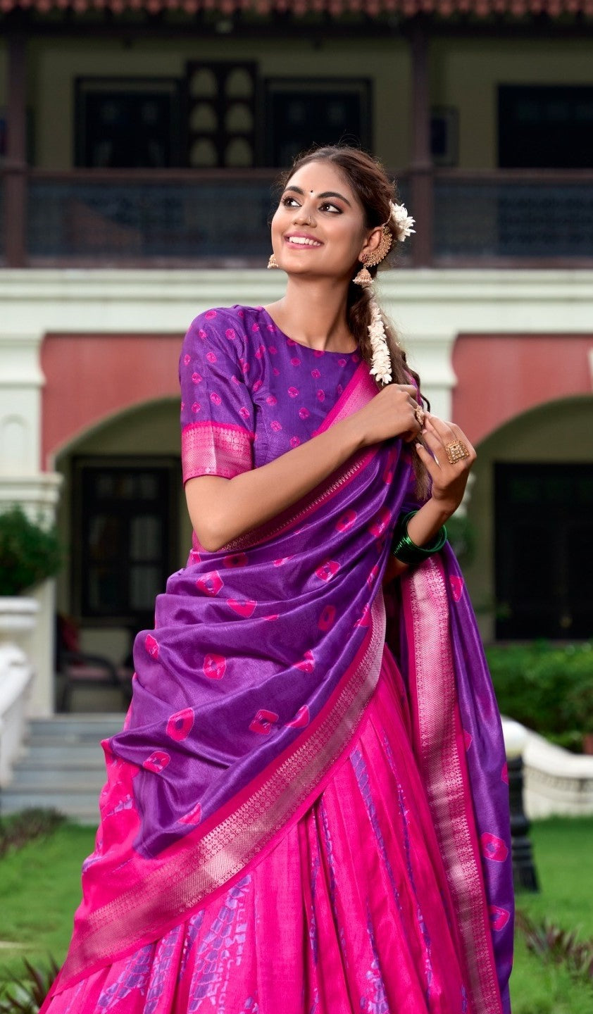 Contemporary Pink And Purple Dola Silk Shibori Print With Zari Weaving Border Traditional Lehenga