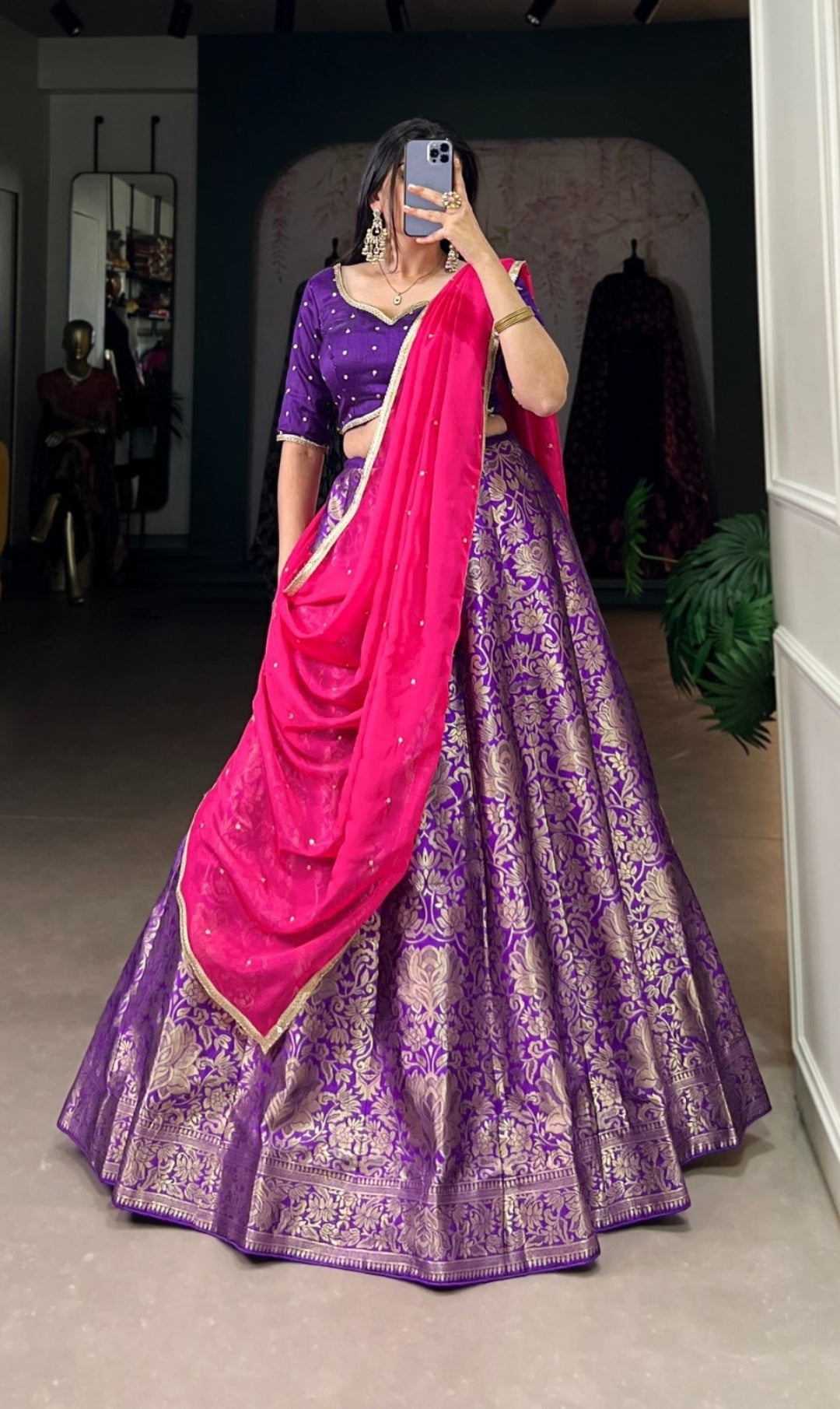 Stylish Purple Jacquard Silk Zari Weaving Work Traditional Lehenga