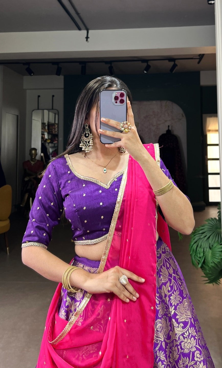 Stylish Purple Jacquard Silk Zari Weaving Work Traditional Lehenga