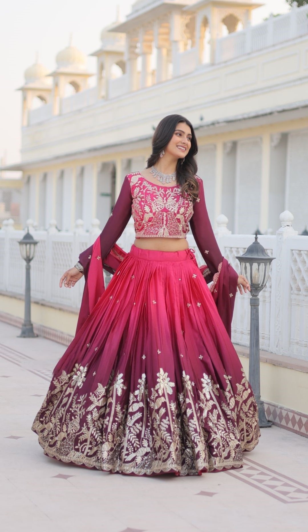 Glamorous Pink And Purple Chinon With Embroidery Sequins Work Lehenga