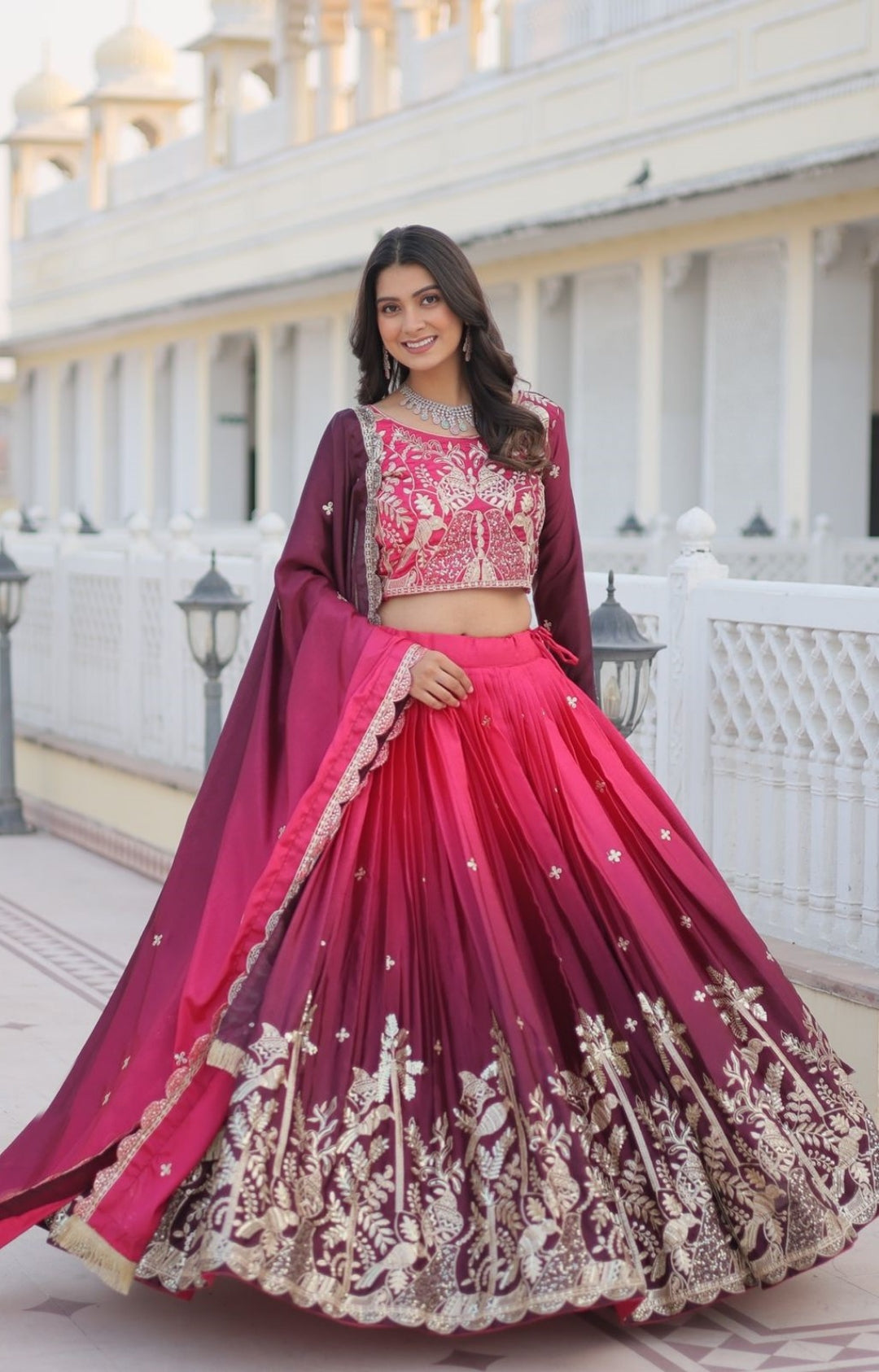 Glamorous Pink And Purple Chinon With Embroidery Sequins Work Lehenga