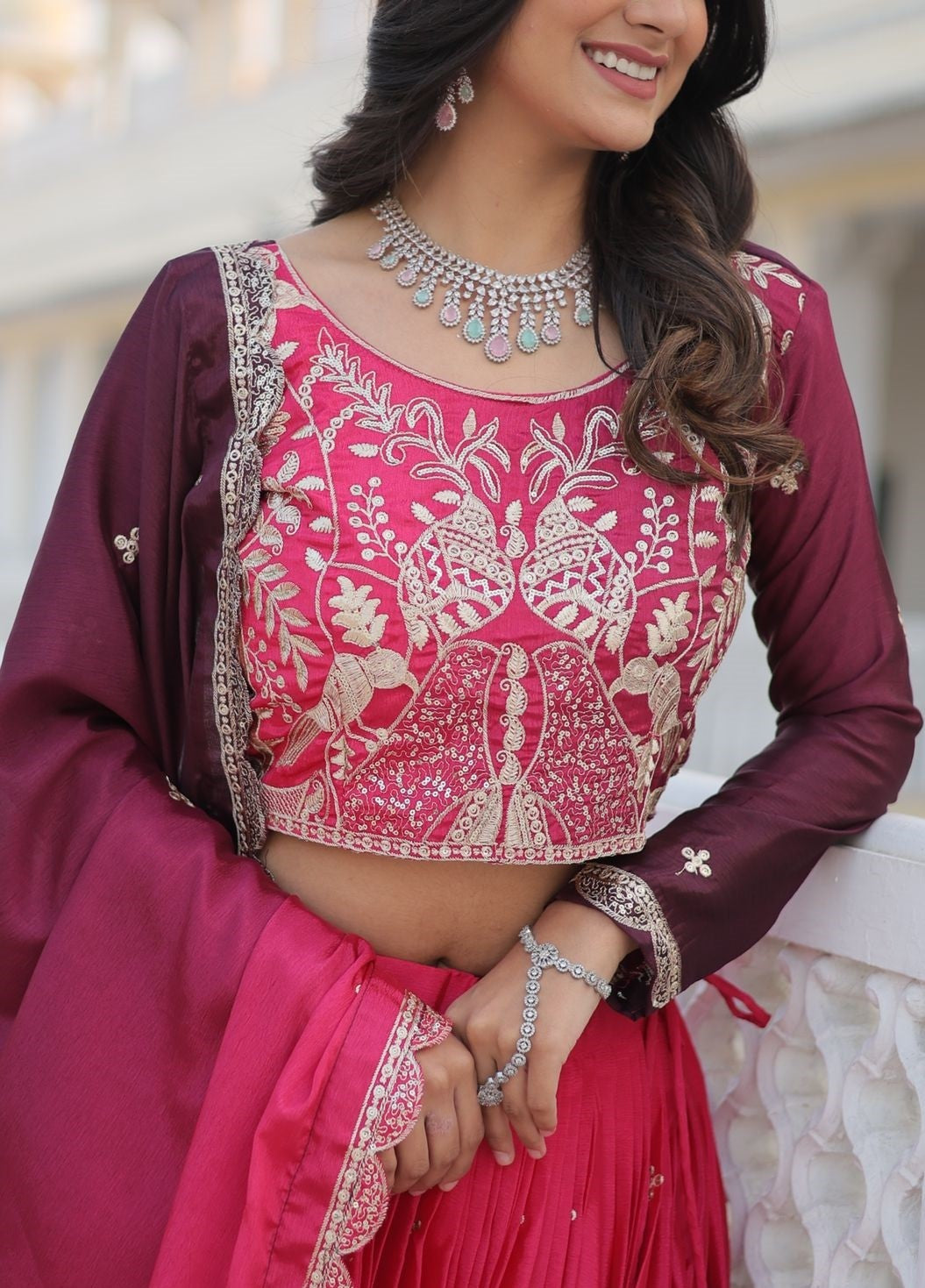 Glamorous Pink And Purple Chinon With Embroidery Sequins Work Lehenga