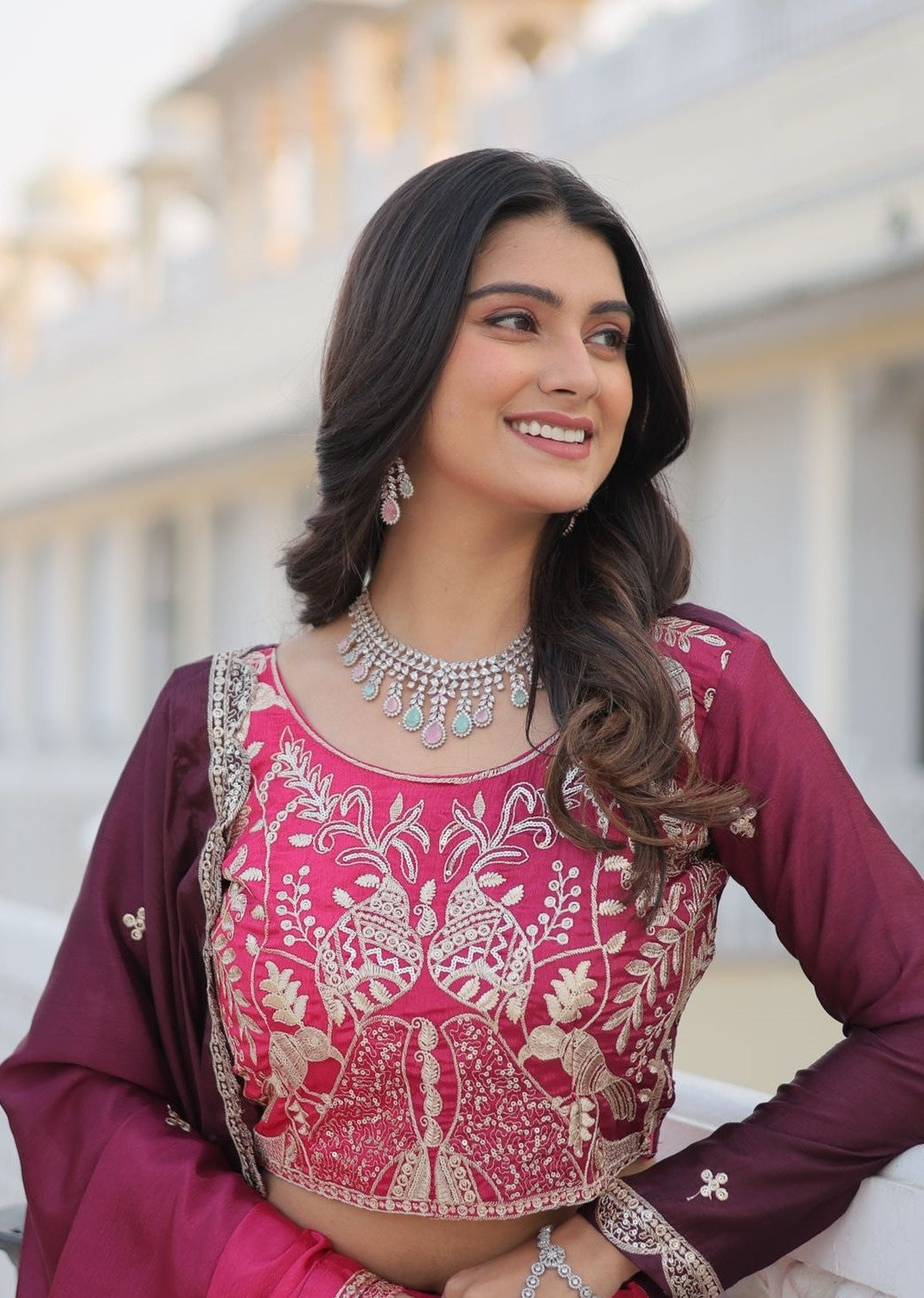 Glamorous Pink And Purple Chinon With Embroidery Sequins Work Lehenga