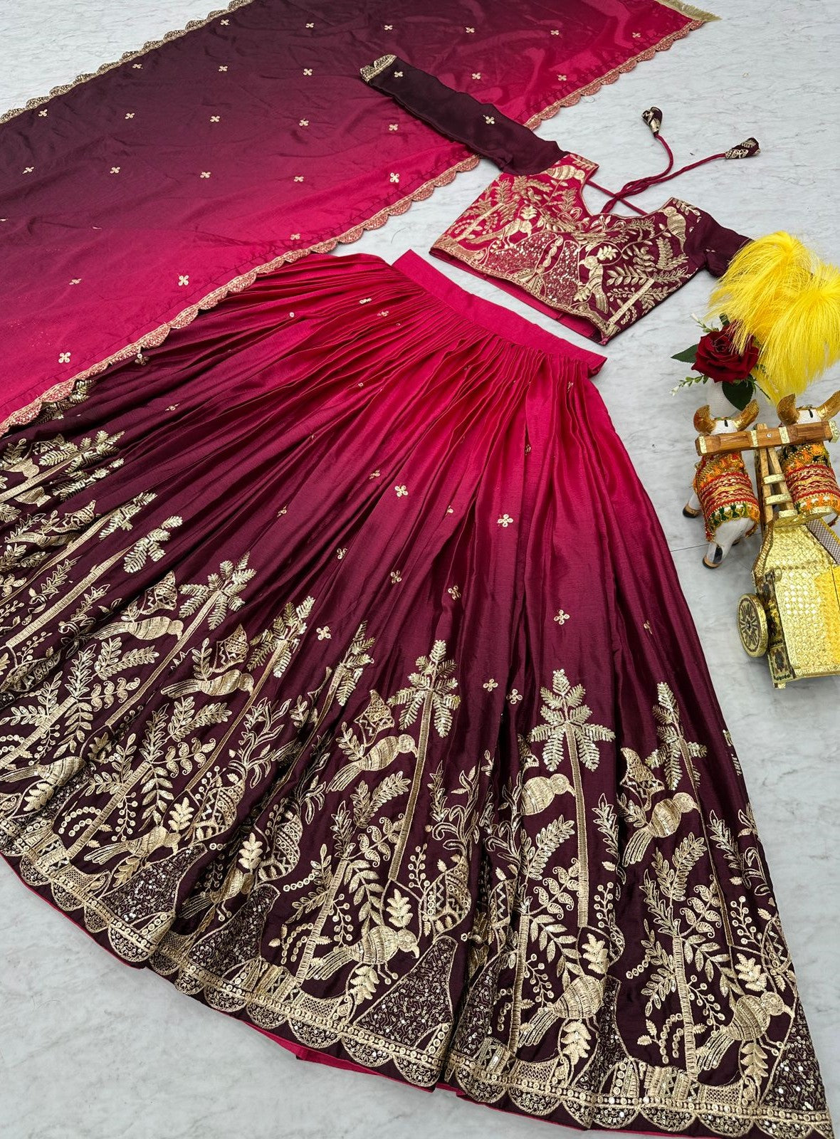 Glamorous Pink And Purple Chinon With Embroidery Sequins Work Lehenga