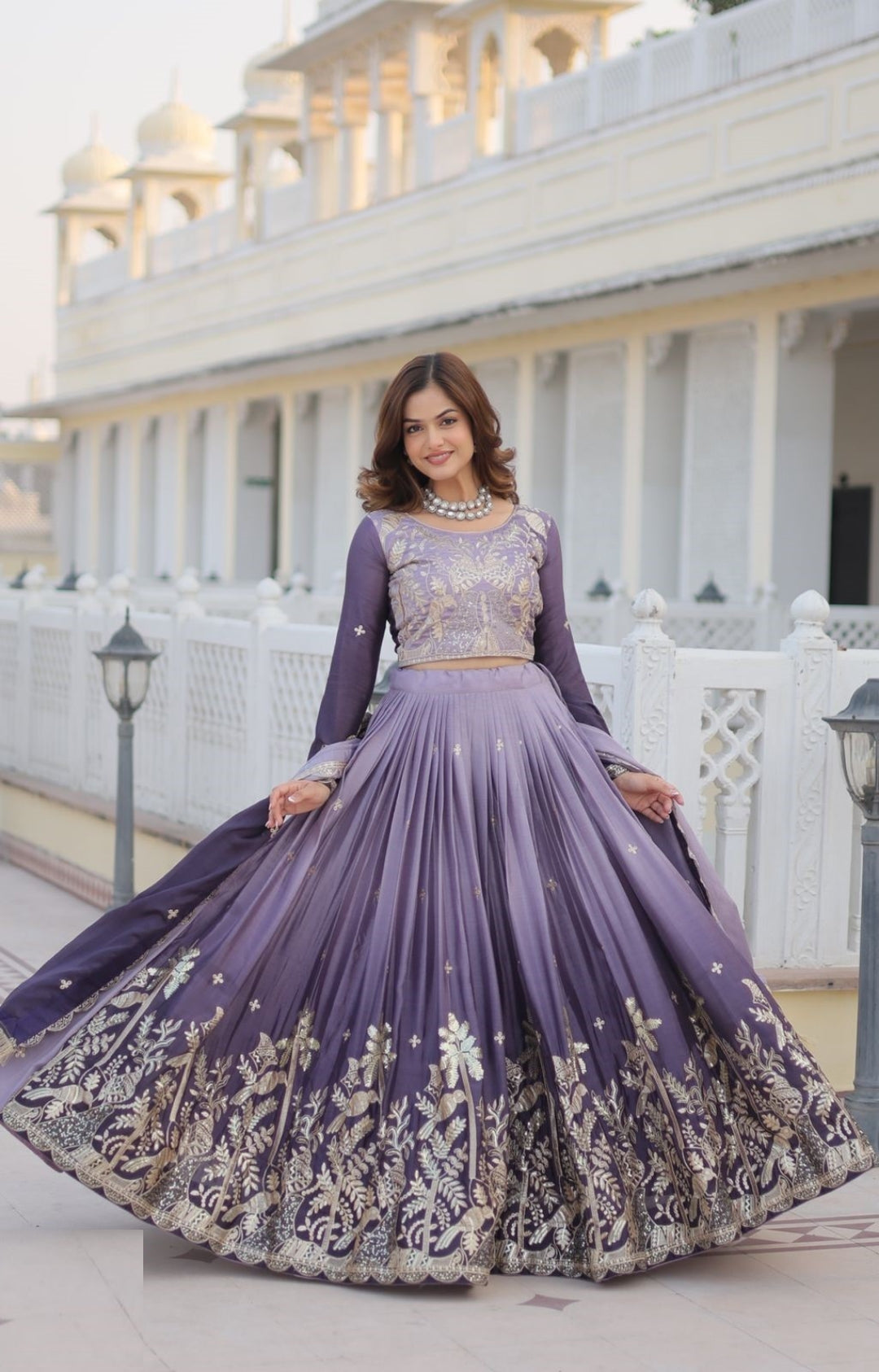 Classy Grey Chinon With Embroidery Sequins Work Lehenga