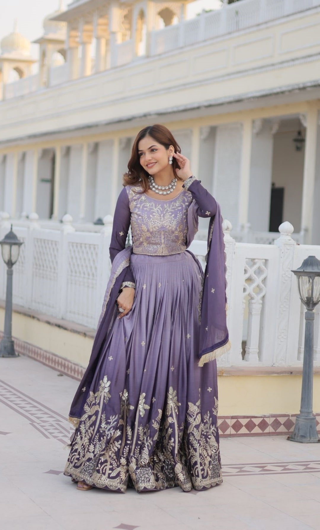Classy Grey Chinon With Embroidery Sequins Work Lehenga