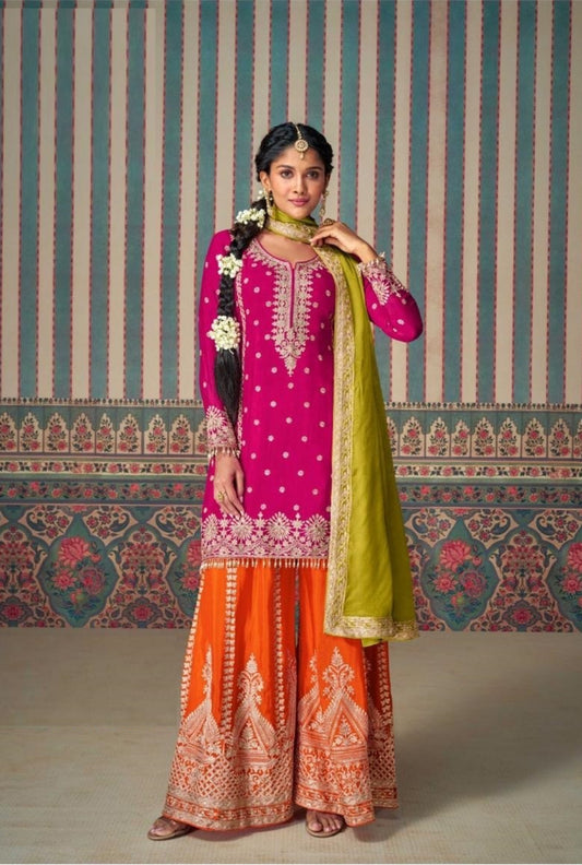 Exquisit Orange And Pink Chinon Silk With Embroidery Work Palazzo-Bottom Suit Set