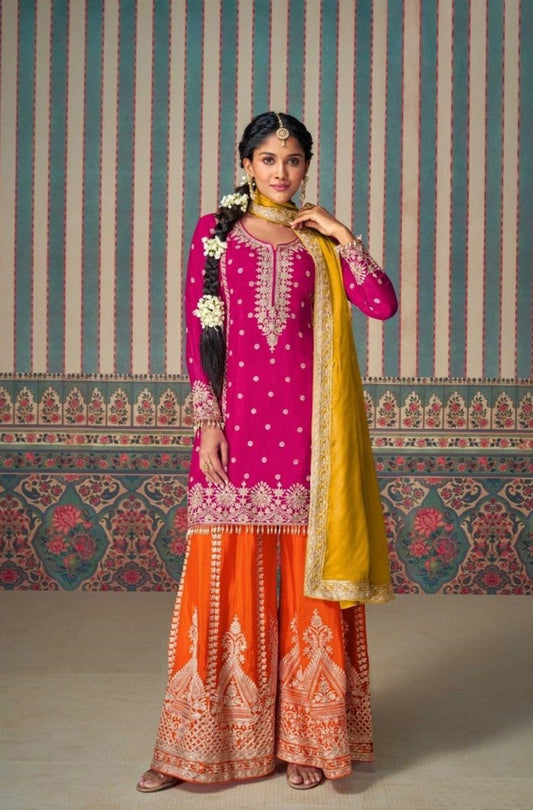 Lovely Pink And Orange Chinon Silk With Embroidery Work Palazzo-Bottom Suit Set