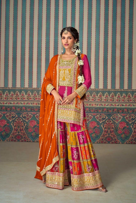 Captivating Orange Multi Chinon Silk With Embroidery Work Palazzo-Bottom Suit Set