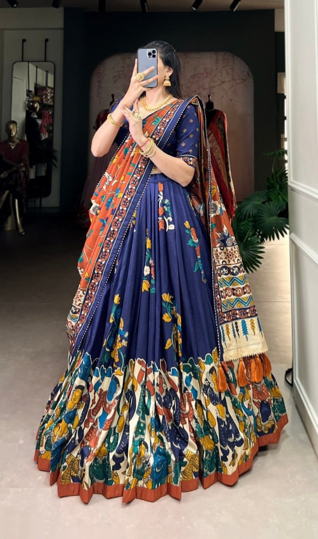 Graceful Navy Blue Tussar Silk Kalamkari With Foil Work Printed Lehenga