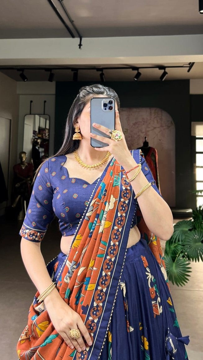 Graceful Navy Blue Tussar Silk Kalamkari With Foil Work Printed Lehenga