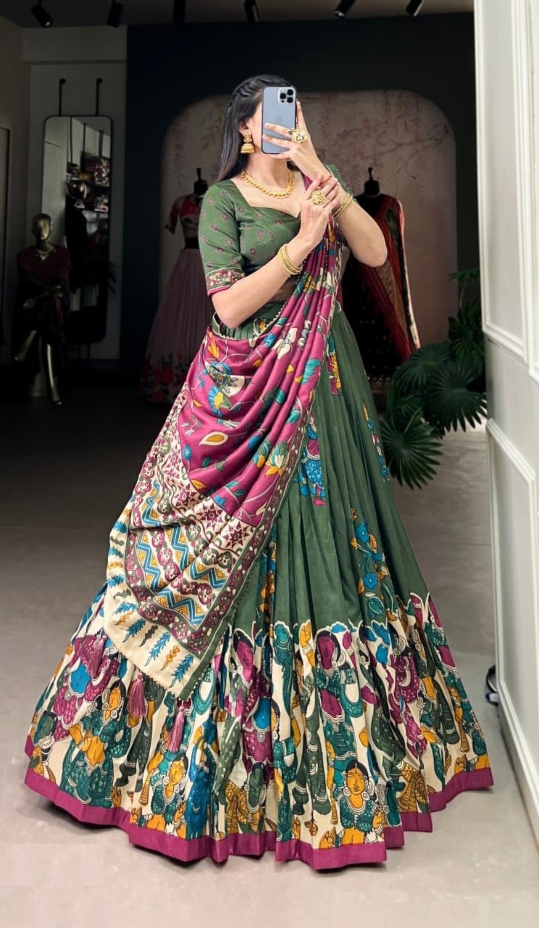 Trendy Green Tussar Silk Kalamkari With Foil Work Printed Lehenga
